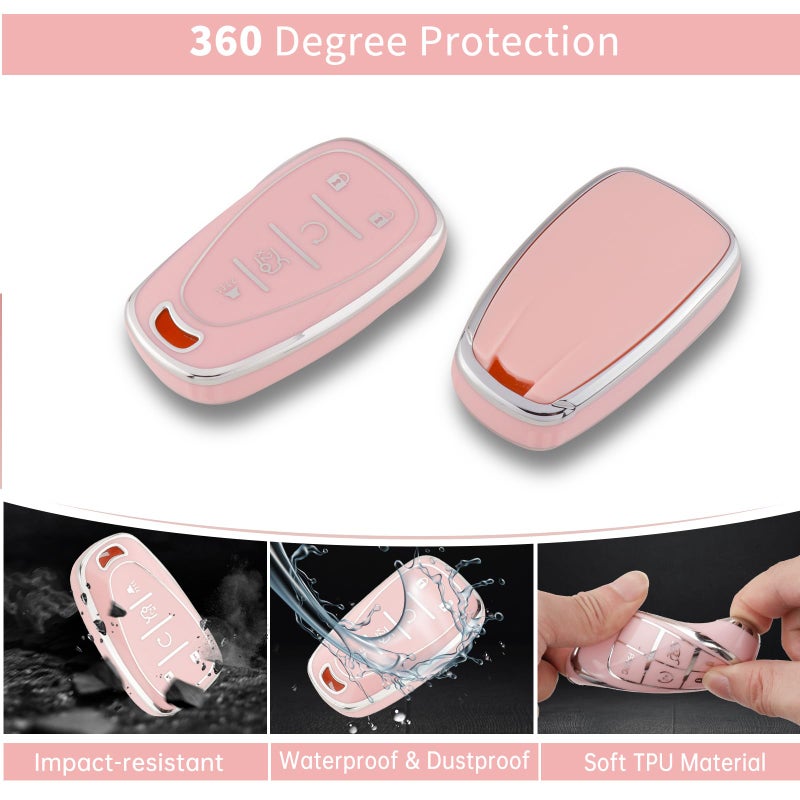 Pangpai Pink Car Accessories 3 Pcs for 5 Buttons Chevy Chevrolet Equinox Malibu Camaro Traverse Key Fob Cover with Bling Keychain Cute Push to Start Button Cover - Image 3